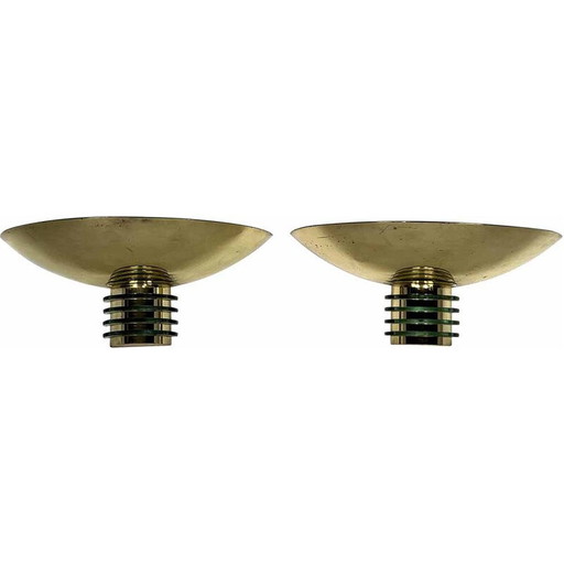 Pair of vintage gilt metal and glass Art deco wall lamps for Sce, France 1970s