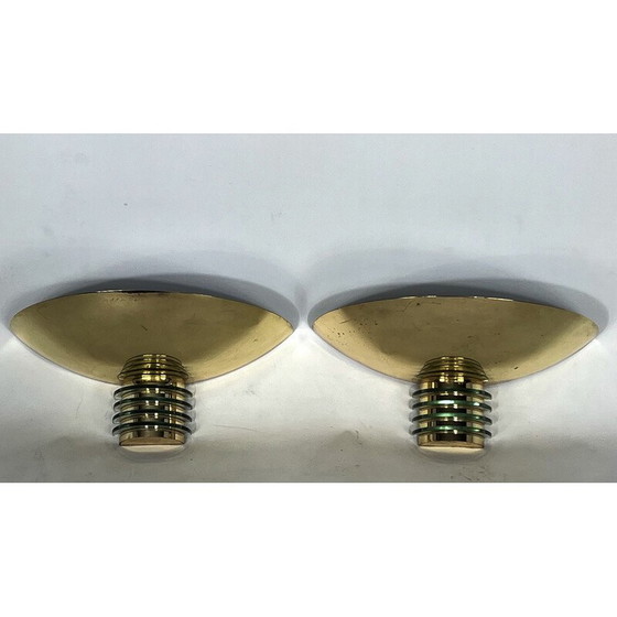 Image 1 of Pair of vintage gilt metal and glass Art deco wall lamps for Sce, France 1970s