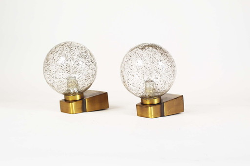 2x Brass & Glass Wall Lights 1970's