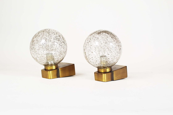 Image 1 of 2x Brass & Glass Wall Lights 1970's