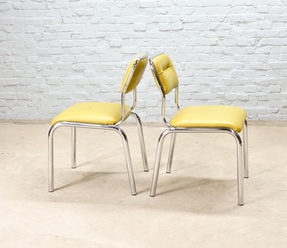 Image 1 of 4x Olive Green Leatherette Kitchen Chairs on Chrome Frame, Belgium, 1960s