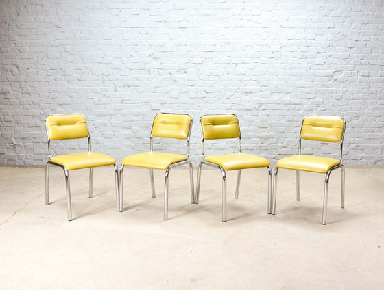 Image 1 of 4x Olive Green Leatherette Kitchen Chairs on Chrome Frame, Belgium, 1960s