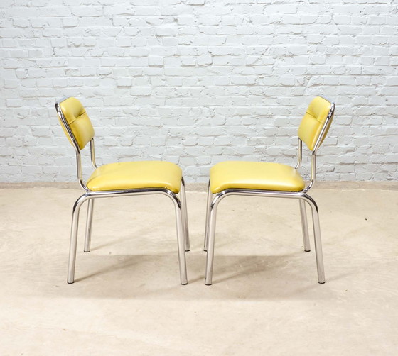 Image 1 of 4x Olive Green Leatherette Kitchen Chairs on Chrome Frame, Belgium, 1960s