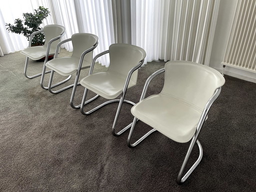 4x Chaises de salle à manger Willy Rizzo en cuir de selle blanc