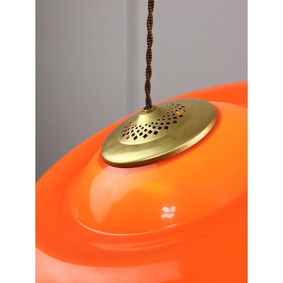 Image 1 of Lampada a sospensione vintage in ottone e plexiglass arancione, stile spaziale, anni '70