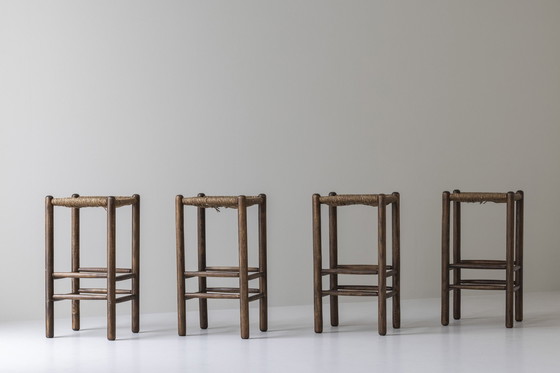 Image 1 of Lovely Set Of Four Rustic Bar Stools Sourced In France Dating From The 1960S. In The Manner Of Charlotte Perriand.