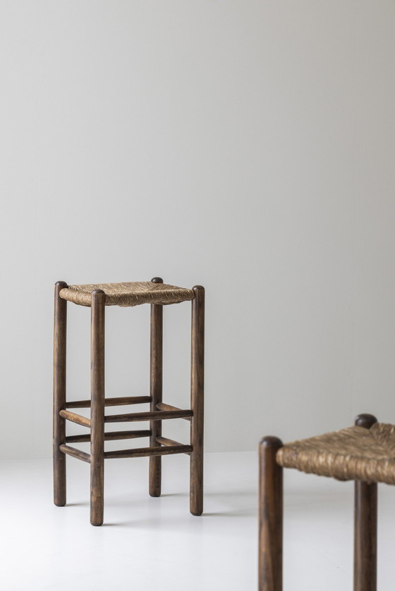 Image 1 of Lovely Set Of Four Rustic Bar Stools Sourced In France Dating From The 1960S. In The Manner Of Charlotte Perriand.