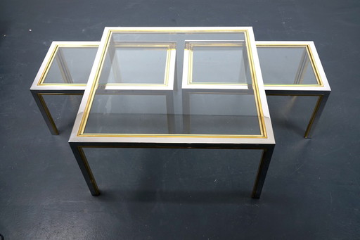 Tavolini vintage in ottone e vetro, Francia, anni '70, set di 3