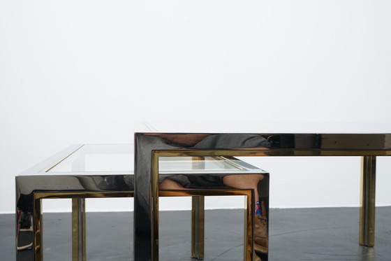 Image 1 of Tables d'appoint vintage en laiton & verre, France, années 1970, set de 3 pièces