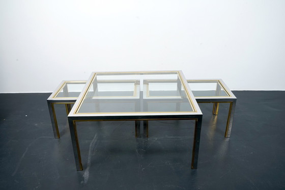 Image 1 of Tables d'appoint vintage en laiton & verre, France, années 1970, set de 3 pièces