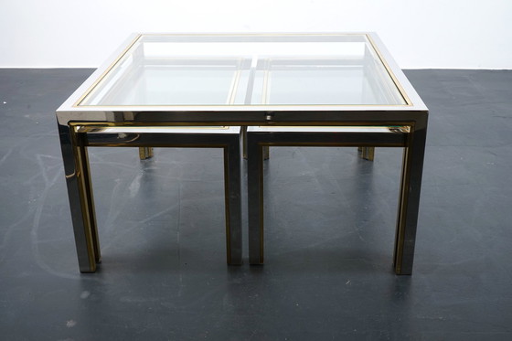 Image 1 of Tavolini vintage in ottone e vetro, Francia, anni '70, set di 3