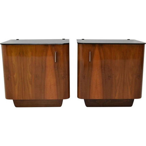 Pair of vintage wood and glass bedside tables by Jindrich Halabala, Czech 1950