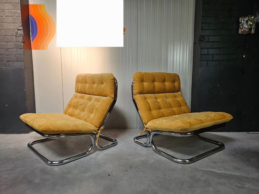 2x tubular frame armchairs, ocher yellow, reupholstered