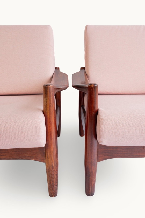 Image 1 of 2X Mid - Century Teak Pink Armchairs