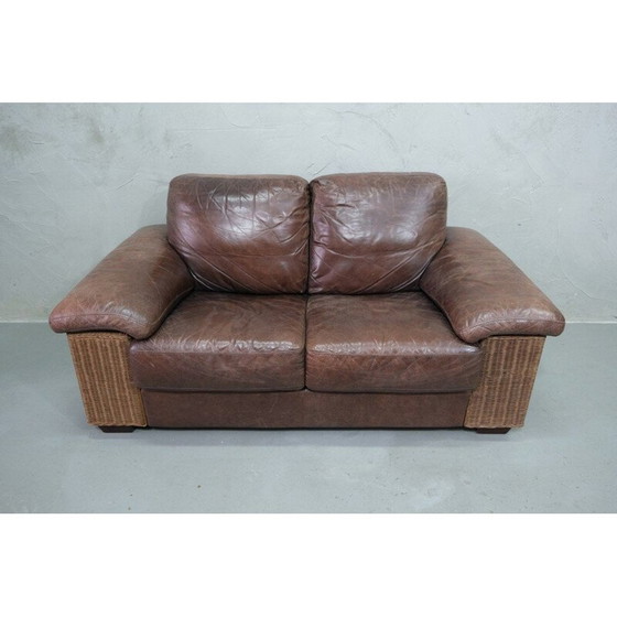 Image 1 of Italian vintage rattan and leather sofa, 1970s