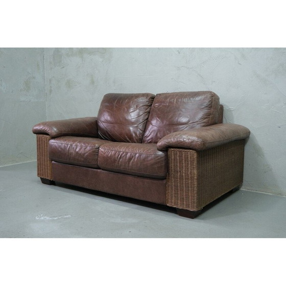Image 1 of Italian vintage rattan and leather sofa, 1970s