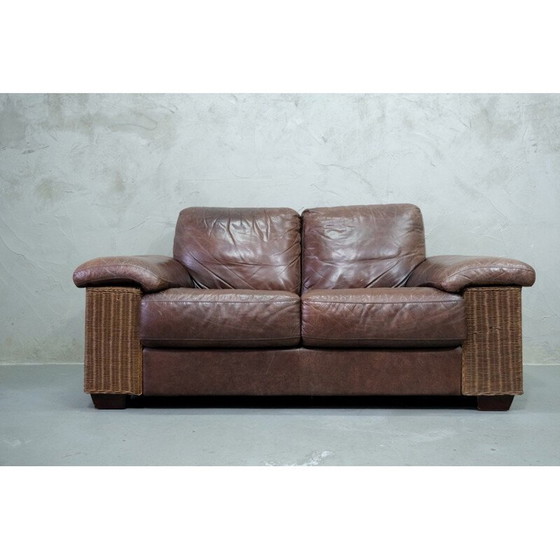 Image 1 of Italian vintage rattan and leather sofa, 1970s