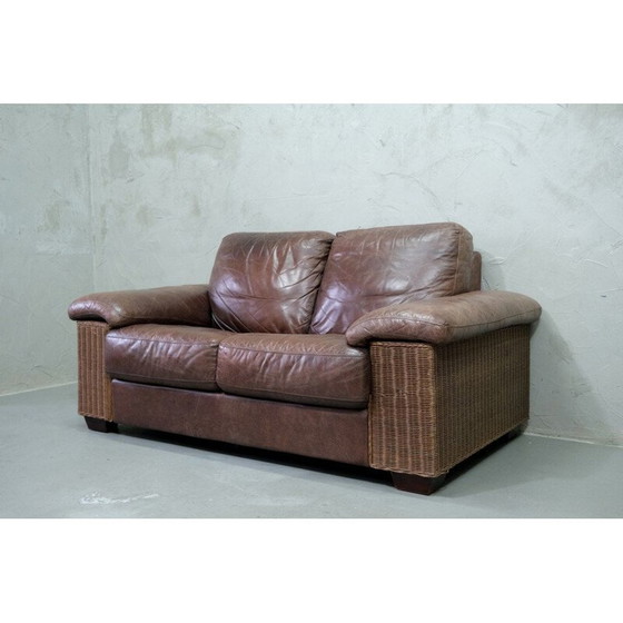Image 1 of Italian vintage rattan and leather sofa, 1970s
