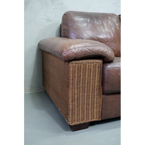 Image 1 of Italian vintage rattan and leather sofa, 1970s