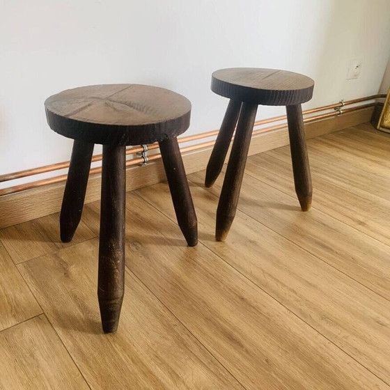 Image 1 of Pair of vintage tripod stools with round seats and pencil feet