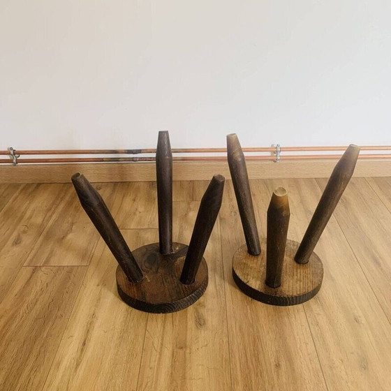 Image 1 of Pair of vintage tripod stools with round seats and pencil feet
