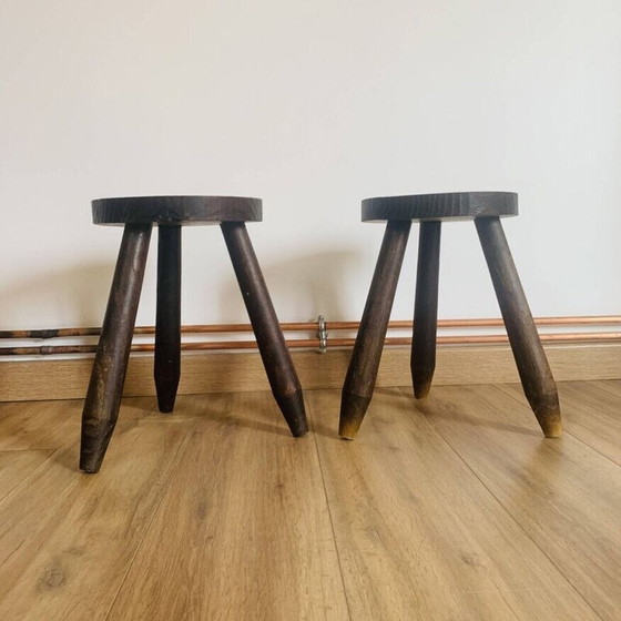 Image 1 of Pair of vintage tripod stools with round seats and pencil feet