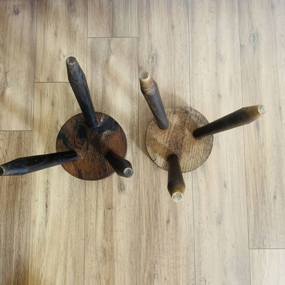 Image 1 of Pair of vintage tripod stools with round seats and pencil feet