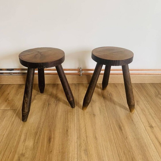 Image 1 of Pair of vintage tripod stools with round seats and pencil feet