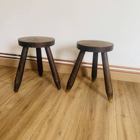 Image 1 of Pair of vintage tripod stools with round seats and pencil feet