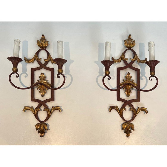 Image 1 of Pair of vintage red patinated wrought iron and wood wall lamps, 1940