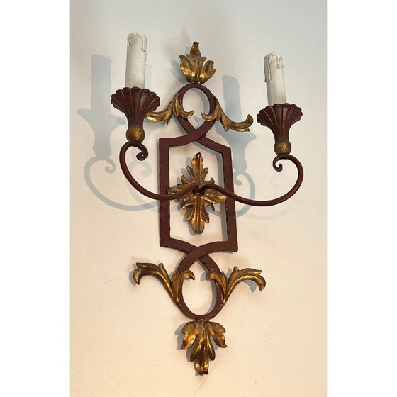 Image 1 of Pair of vintage red patinated wrought iron and wood wall lamps, 1940