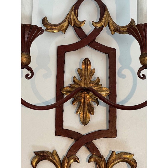 Image 1 of Pair of vintage red patinated wrought iron and wood wall lamps, 1940