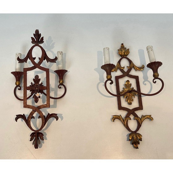 Image 1 of Pair of vintage red patinated wrought iron and wood wall lamps, 1940