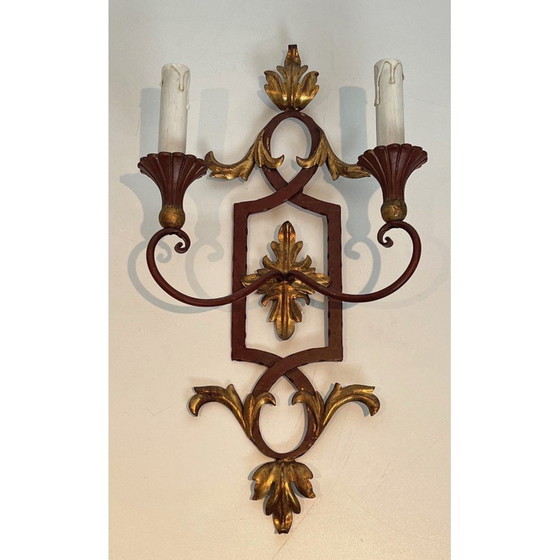 Image 1 of Pair of vintage red patinated wrought iron and wood wall lamps, 1940