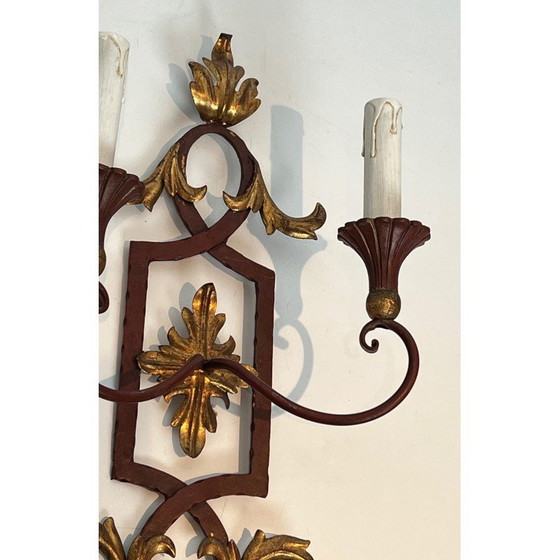 Image 1 of Pair of vintage red patinated wrought iron and wood wall lamps, 1940