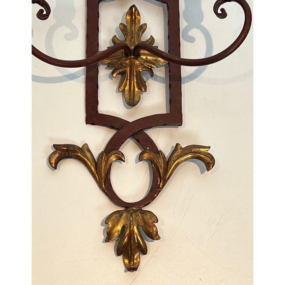 Image 1 of Pair of vintage red patinated wrought iron and wood wall lamps, 1940
