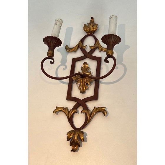 Image 1 of Pair of vintage red patinated wrought iron and wood wall lamps, 1940
