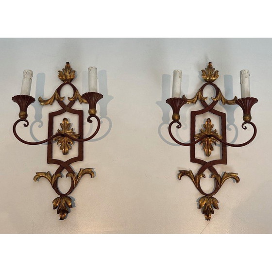 Image 1 of Pair of vintage red patinated wrought iron and wood wall lamps, 1940