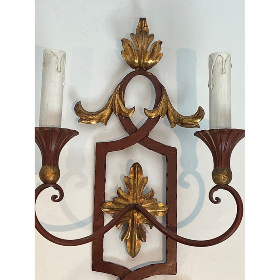 Image 1 of Pair of vintage red patinated wrought iron and wood wall lamps, 1940