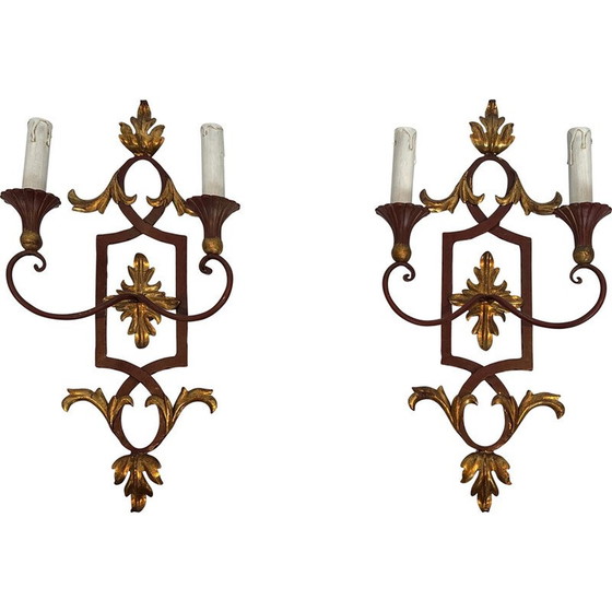 Image 1 of Pair of vintage red patinated wrought iron and wood wall lamps, 1940