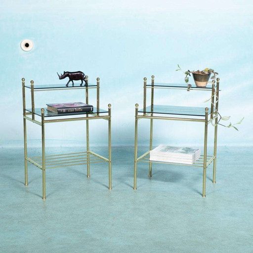 Set of 2 vintage 70s night tables, brass & smoked glass