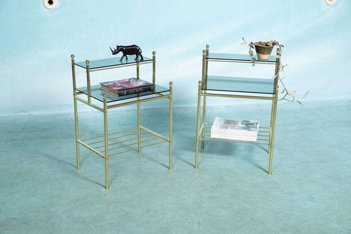 Set of 2 vintage 70s night tables, brass & smoked glass
