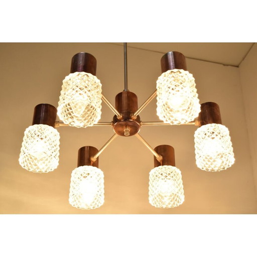 Vintage glass and copper chandelier by Kamenicky Senov, Czechoslovakia 1960