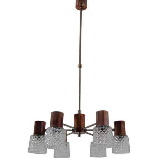 Vintage glass and copper chandelier by Kamenicky Senov, Czechoslovakia 1960