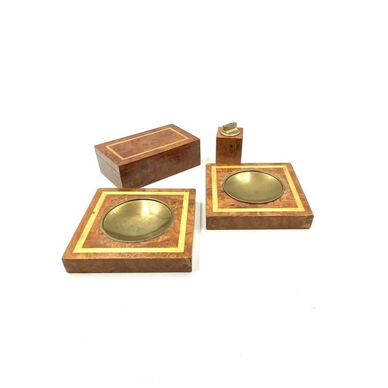 Image 1 of Vintage smoking set in brass and wood, Italy 1970