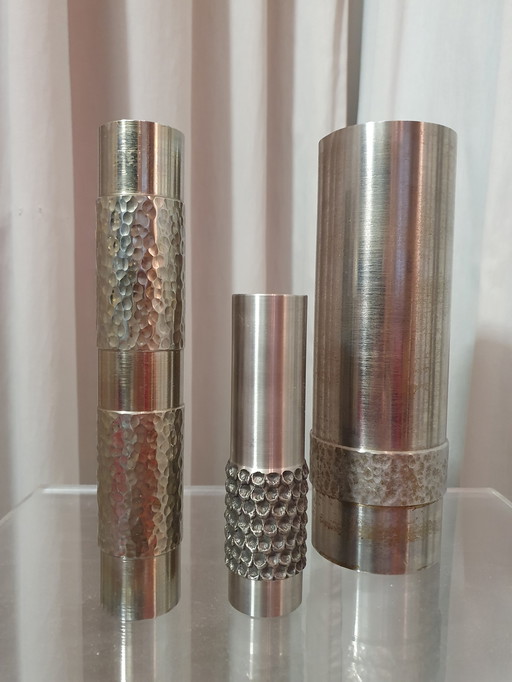 3x Brutalism steel vases