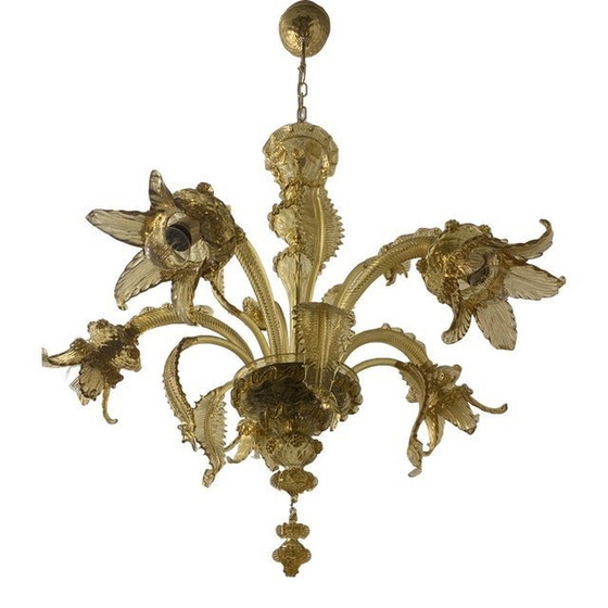 Image 1 of Amber Murano Glass Chandelier With Flowers And Leaves