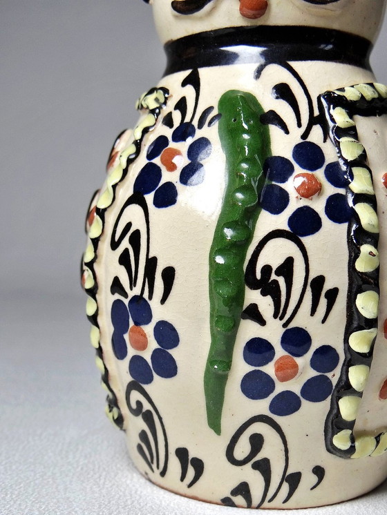 Image 1 of Antique Hungarian Earthenware Enameled Folk Art Miska Pitcher