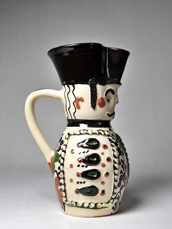 Image 1 of Antique Hungarian Earthenware Enameled Folk Art Miska Pitcher