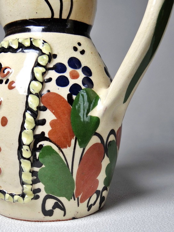 Image 1 of Antique Hungarian Earthenware Enameled Folk Art Miska Pitcher